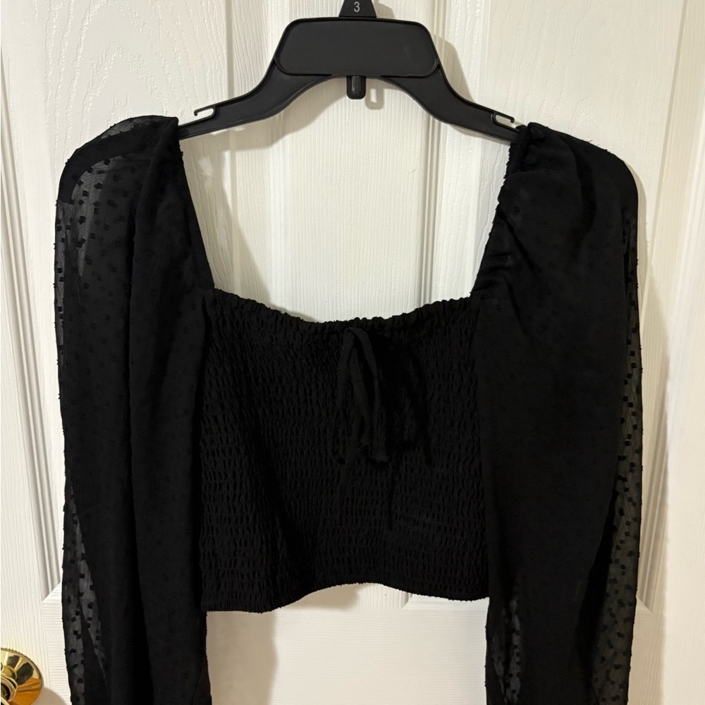 Black Puff Sleeve Smocked Crop Blouse
